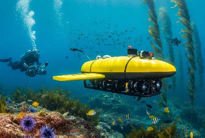Autonomous Underwater Vehicle mapping reef with divers